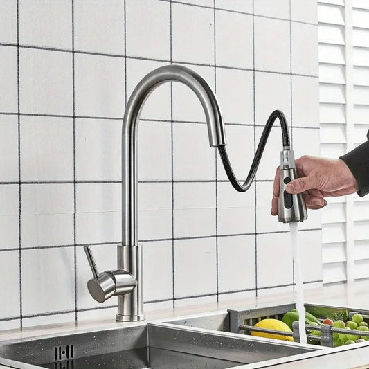 G9/ 16 Silver Kitchen Sink Commercial Faucet Pull-out Sprayer Mixer Faucet Brushed Nickel Suitable for Kitchen, Bar, Laundry Room, RV